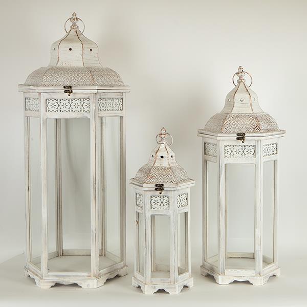 Φανάρι Σετ 3τμχ Ξύλινο-Μεταλλικό Λευκό 37,5x32x91εκ.-29,5x25,5x72εκ.-21,5x18,5x53εκ. ESTHETI 752-10014 (Υλικό: Ξύλο, Χρώμα: Λευκό) - ESTHETI - 752-10014