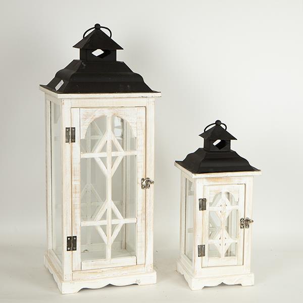 Φανάρι Σετ 2τμχ Ξύλινο-Μεταλλικό Λευκό-Μαύρο 24x24x62εκ