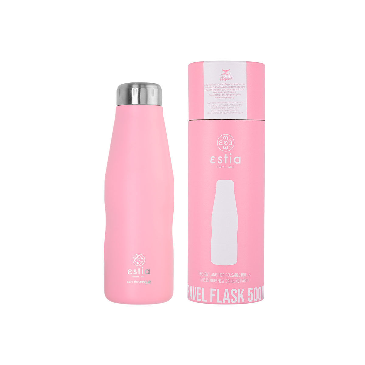 estia Θερμός-Μπουκάλι Ανοξείδωτο Blossom Rose Flask Save The Aegean Estia 500ml-7x7x22,3εκ. 01-7812 (Υλικό: Ανοξείδωτο, Χρώμα: Ροζ) - estia - 01-7812