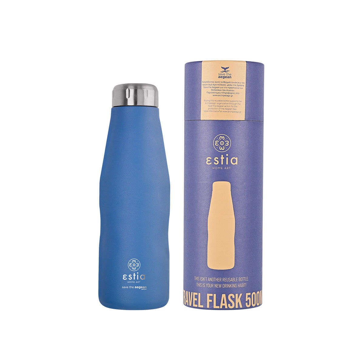 estia Θερμός-Μπουκάλι Ανοξείδωτο Denim Blue Flask Save The Aegean Estia 500ml-7x7x22,3εκ. 01-12052 (Υλικό: Ανοξείδωτο, Χρώμα: Μπλε) - estia - 01-12052