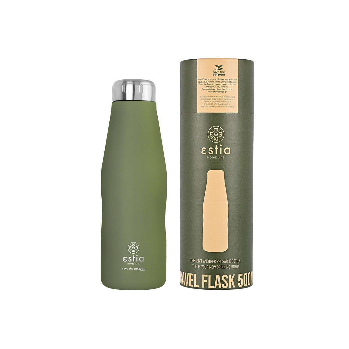 Θερμός-Μπουκάλι Ανοξείδωτο Forest Spirit Flask Save The Aegean Estia 500ml-7x7x22,3εκ. 01-12069 (Υλικό: Ανοξείδωτο, Χρώμα: Πράσινο ) – estia – 01-12069