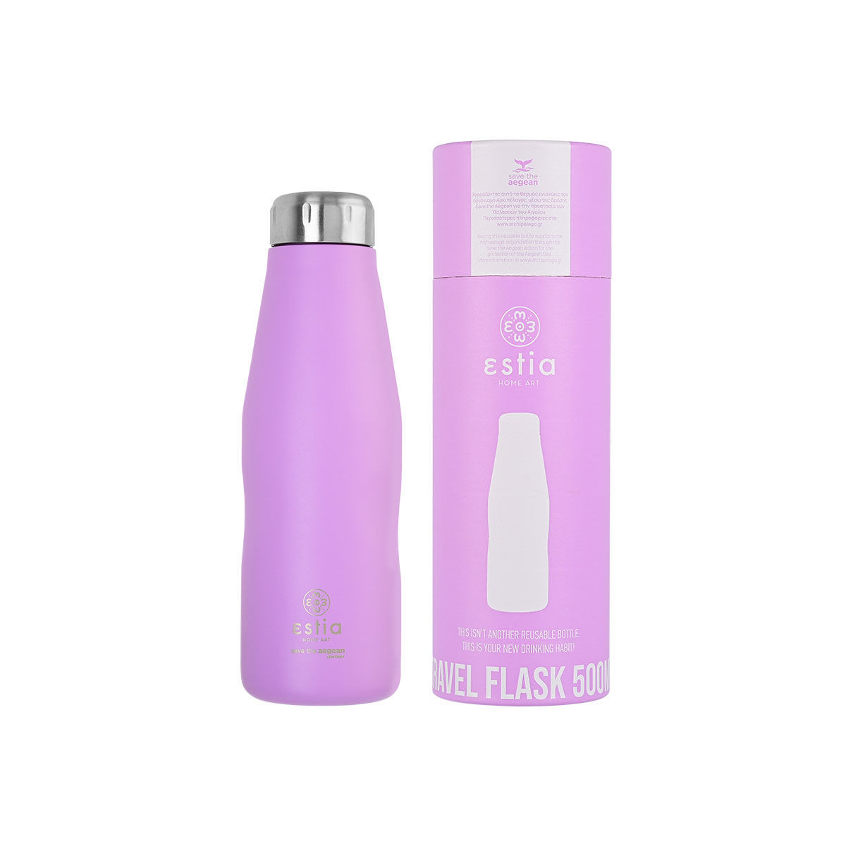 estia Θερμός-Μπουκάλι Ανοξείδωτο Lavender Purple Flask Save The Aegean Estia 500ml-7x7x22,3εκ. 01-7805 (Υλικό: Ανοξείδωτο, Χρώμα: Μωβ) - estia - 01-7805