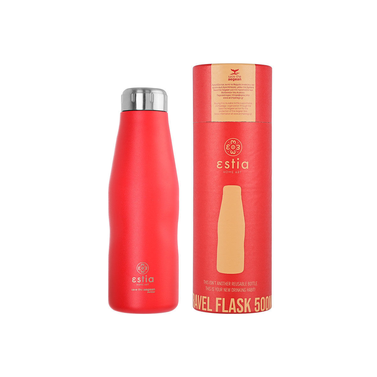 Θερμός-Μπουκάλι Ανοξείδωτο Scarlet Red Flask Save The Aegean Estia 500ml-7x7x22,3εκ. 01-8543 (Υλικό: Ανοξείδωτο, Χρώμα: Κόκκινο) – estia – 01-8543