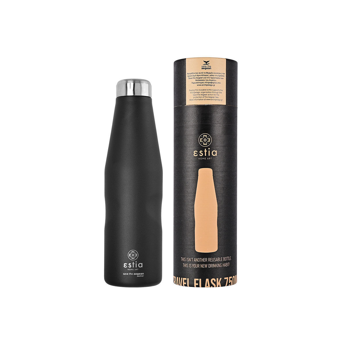 estia Θερμός-Μπουκάλι Ανοξείδωτο Midnight Black Flask Save The Aegean Estia 750ml-7,9x7,9x27,8εκ. 01-9816 (Υλικό: Ανοξείδωτο, Χρώμα: Μαύρο) - estia - 01-9816