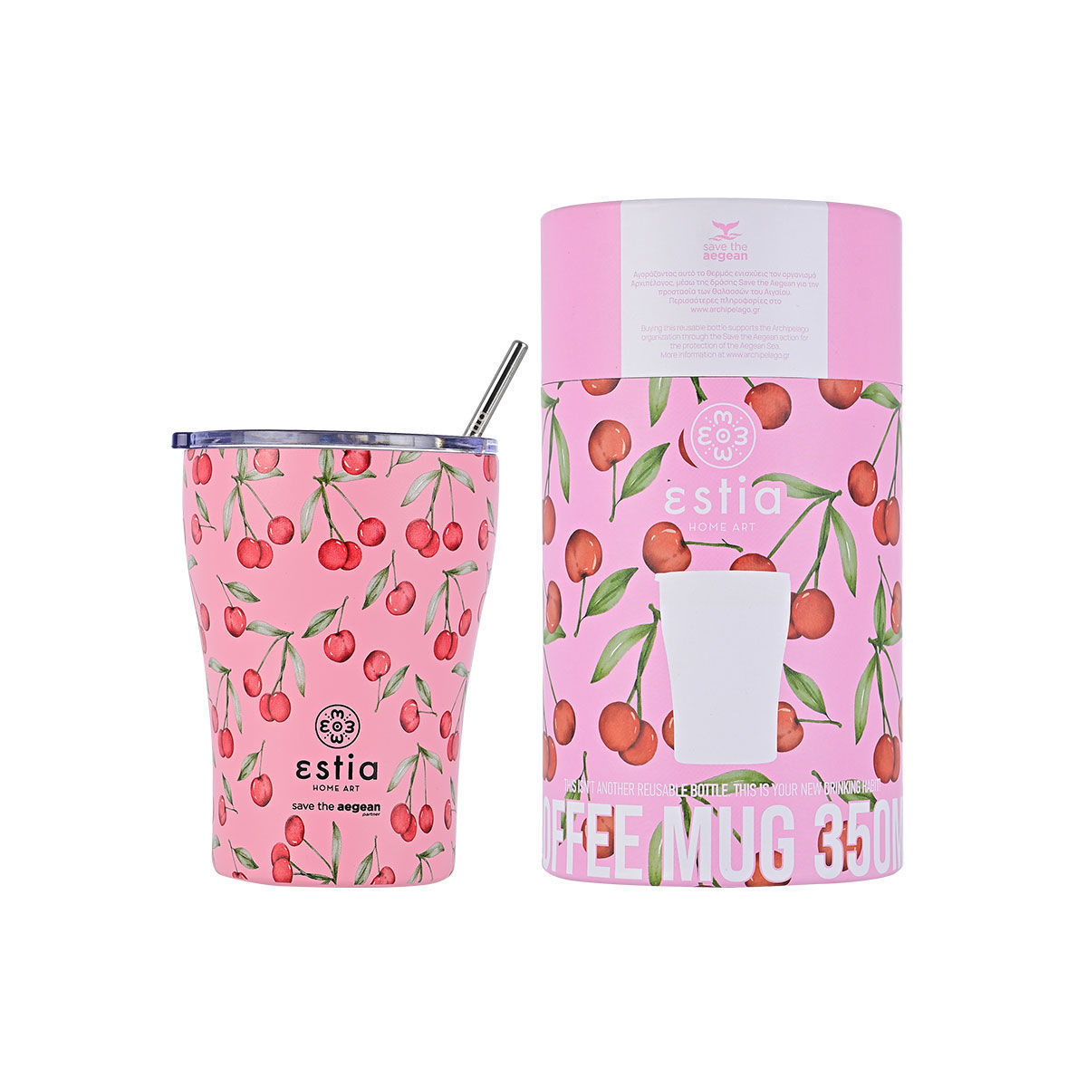 Θερμός-Ποτήρι Ανοξείδωτο Coffee Mug Cherry Rose Save The Aegean Estia 350ml-7x13εκ. 01-16876 (Υλικό: Ανοξείδωτο) - estia - 01-16876