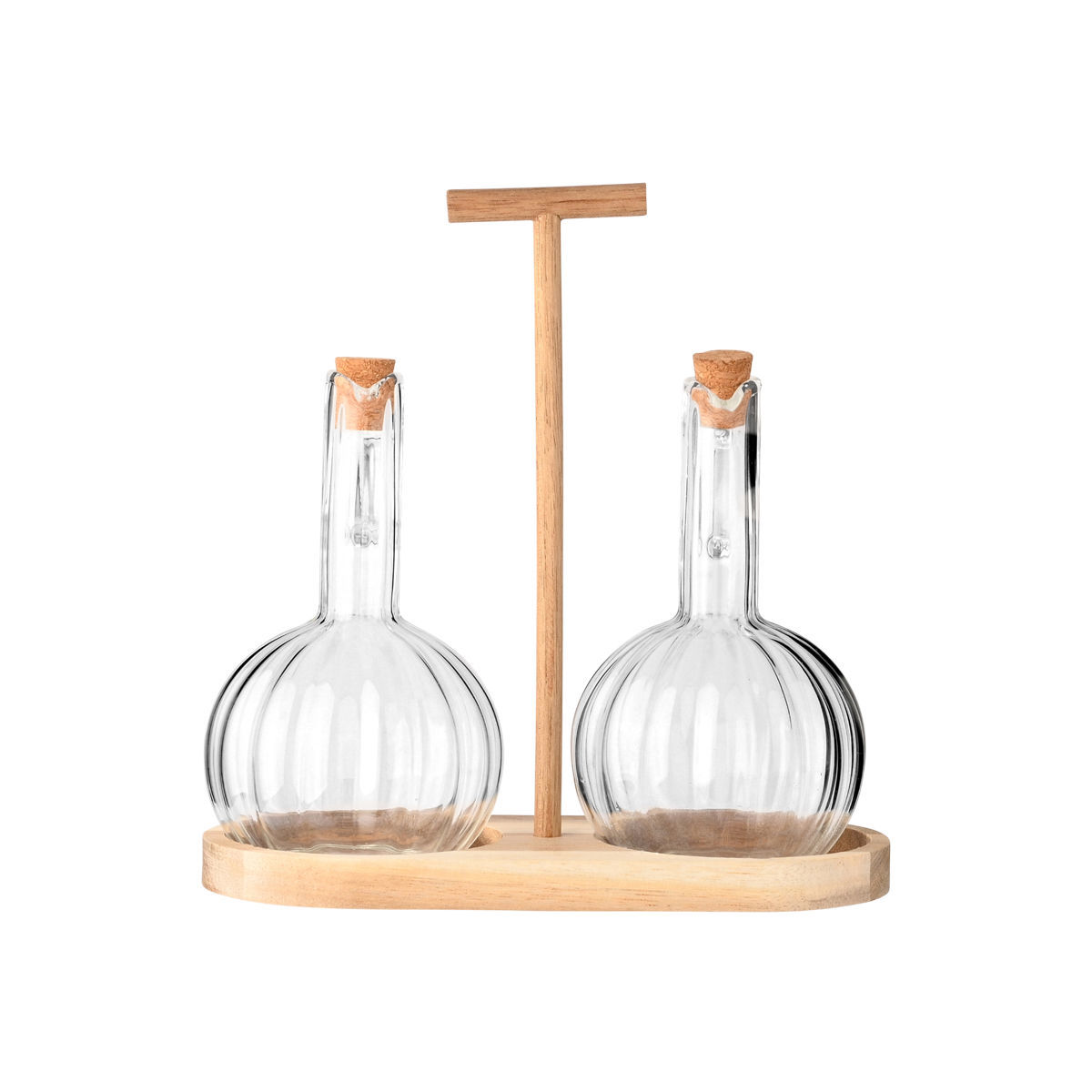 Σετ 2τμχ Δοχεία Για Λάδι-Ξύδι Γυάλινα Με Βάση Ξύλινη 20,5x9,5x21εκ....