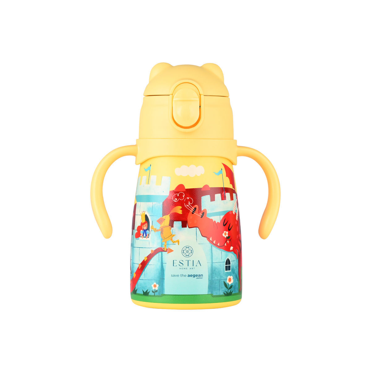 estia Θερμός Παιδικό Ανοξείδωτος Με Καλαμάκι 300ml-7,3x13x16,5εκ. Fortress Dragon Save The Aegean Bubble Bottle Estia 01-33217 (Υλικό: Ανοξείδωτο, Χρώμα: Κίτρινο ) - estia - 01-33217