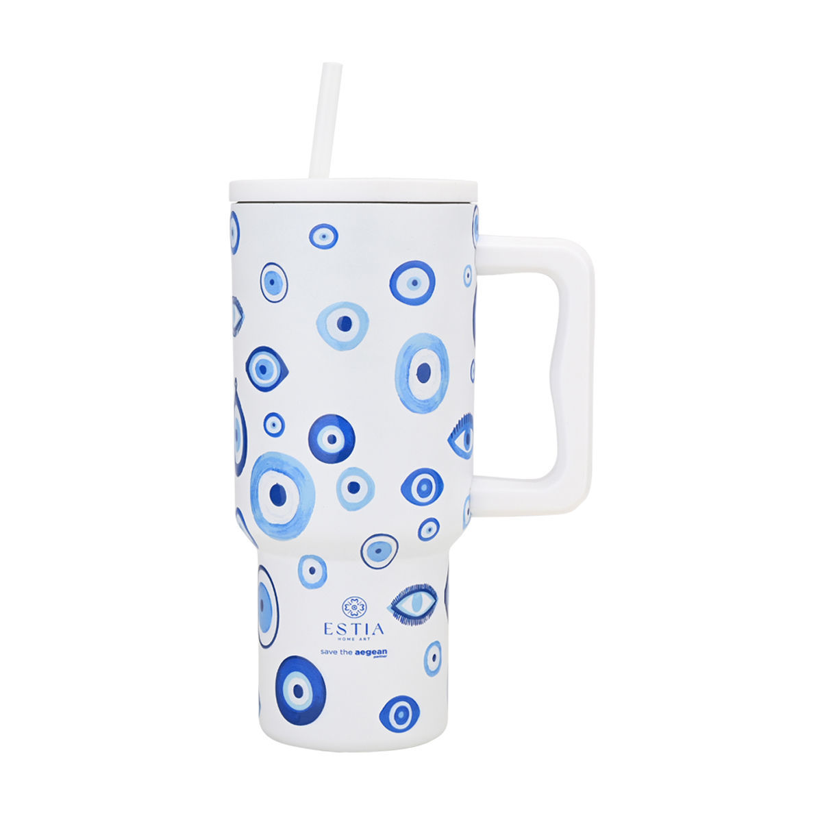 Θερμός Ανοξείδωτος Straw Tumbler XL 14,5x10x22,5εκ.-900ml Spirit Of Luck Save The Aegean Estia 01-35204 (Υλικό: Ανοξείδωτο, Χρώμα: Μπλε) - estia - 01-35204