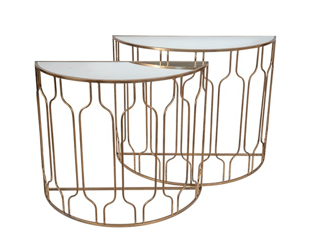 Κονσόλα Σετ 2τμχ Μεταλλική Οβάλ Χρυσή Με Τζάμι Καθρέπτη