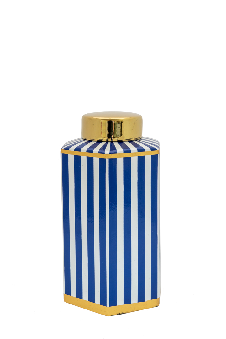 Βάζο Πολυγωνικό Κεραμικό Με Ρίγες Μπλε-Λευκό & Καπάκι Χρυσό 14x13x24εκ. Zen Collection 21.1.47757 (Υλικό: Κεραμικό, Χρώμα: Λευκό) - ZEN COLLECTION - 21.1.47757