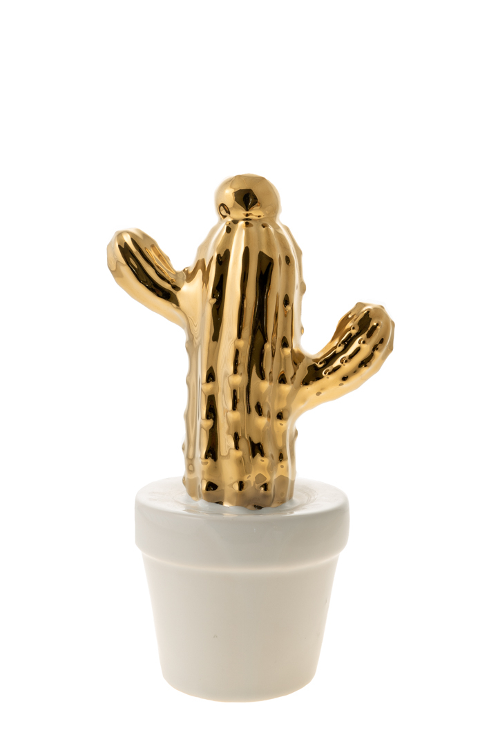 Διακοσμητικός Κάκτος Κεραμικός Χρυσός Σε Λευκή Γλάστρα 