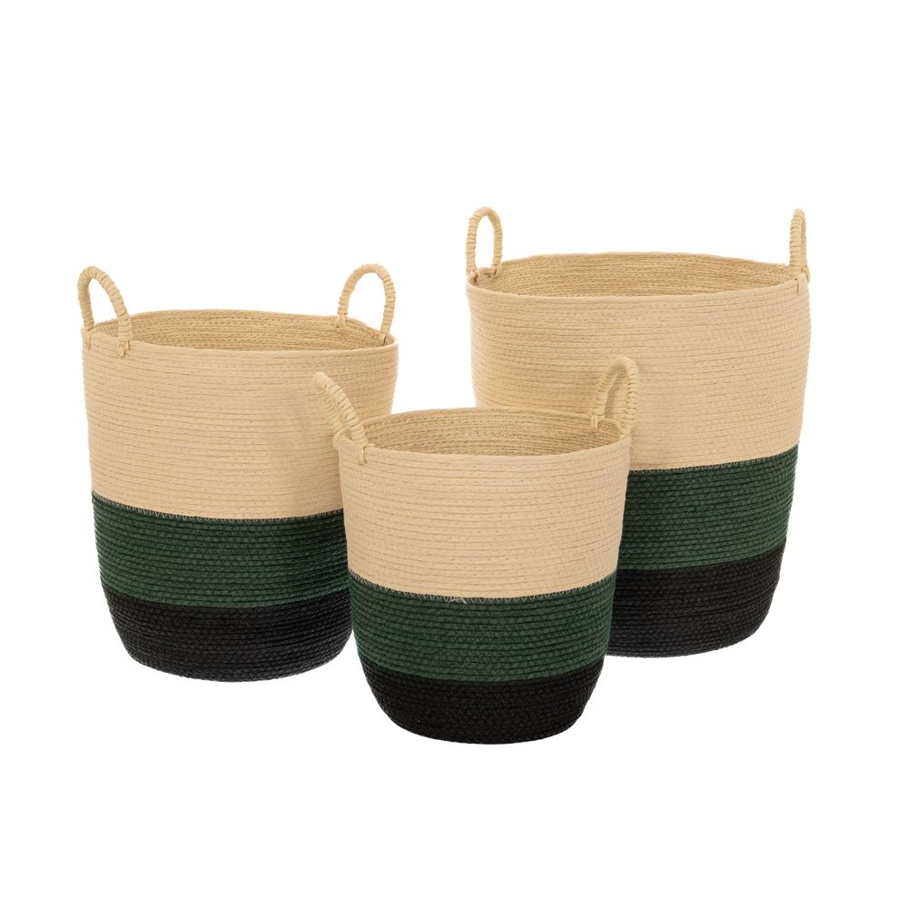 Διακοσμητικά Επιτραπέζια 24home - ΣΗΜΑΝΤΙΚΟ: Σε περίπτωση διαφοράς τιμής από το κατάστημα ισχύει παντα και μόνο η τιμή του καταστήματος Καλάθι Σετ 3τμχ Βαμβακερό Μαύρο-Πράσινο-Natural Με Χερο
