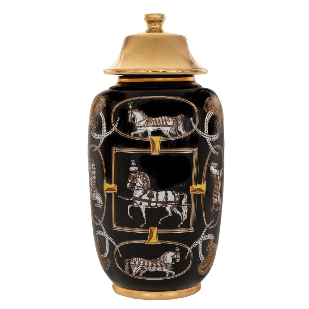 Διακοσμητικό Βάζο Με Καπάκι Κεραμικό Μαύρο-Χρυσό Φ18x37