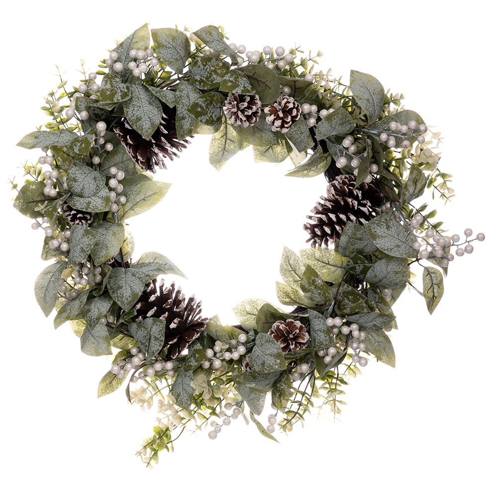 Χριστουγεννιάτικο Στεφάνι Κουκουνάρια-Λευκά Berries 55ε