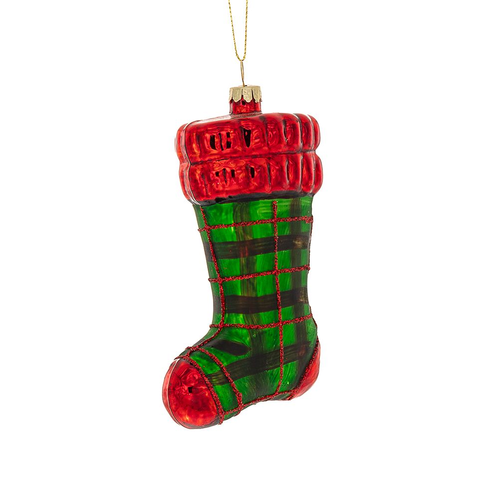 Χριστουγεννιάτικη Κάλτσα Κρεμαστή Γυάλινη Πράσινη-Κόκκι