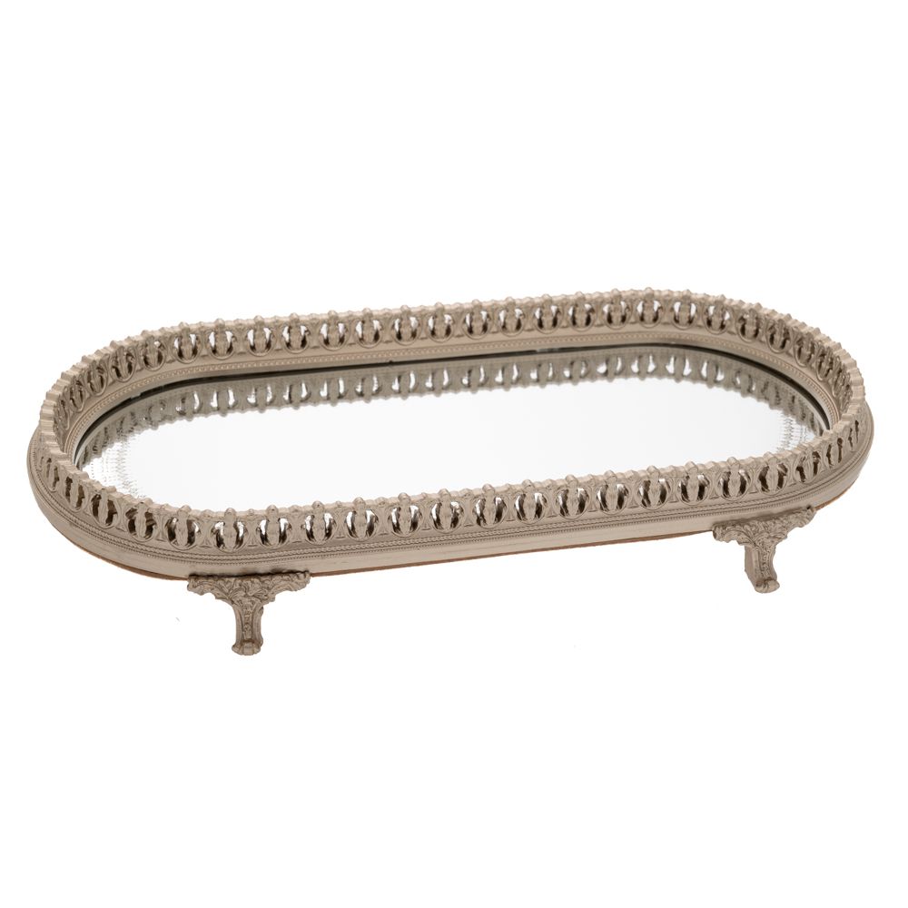 Διακοσμητικός Δίσκος Polyresin Ασημί Με Καθρέπτη 41x20x