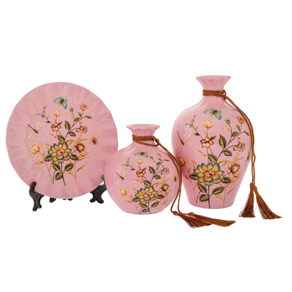Διακοσμητικά Επιτραπέζια 24home - ΣΗΜΑΝΤΙΚΟ: Σε περίπτωση διαφοράς τιμής από το κατάστημα ισχύει παντα και μόνο η τιμή του καταστήματος Σετ 3τμχ Διακοσμητικά Επιτραπέζια Κεραμικά Ροζ Με Λουλο