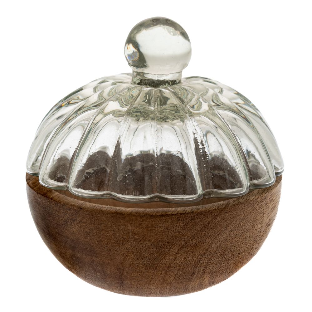 Διακοσμητικό Μπωλ Γυάλινο-Ξύλινο Καφέ-Διάφανο Με Καπάκι