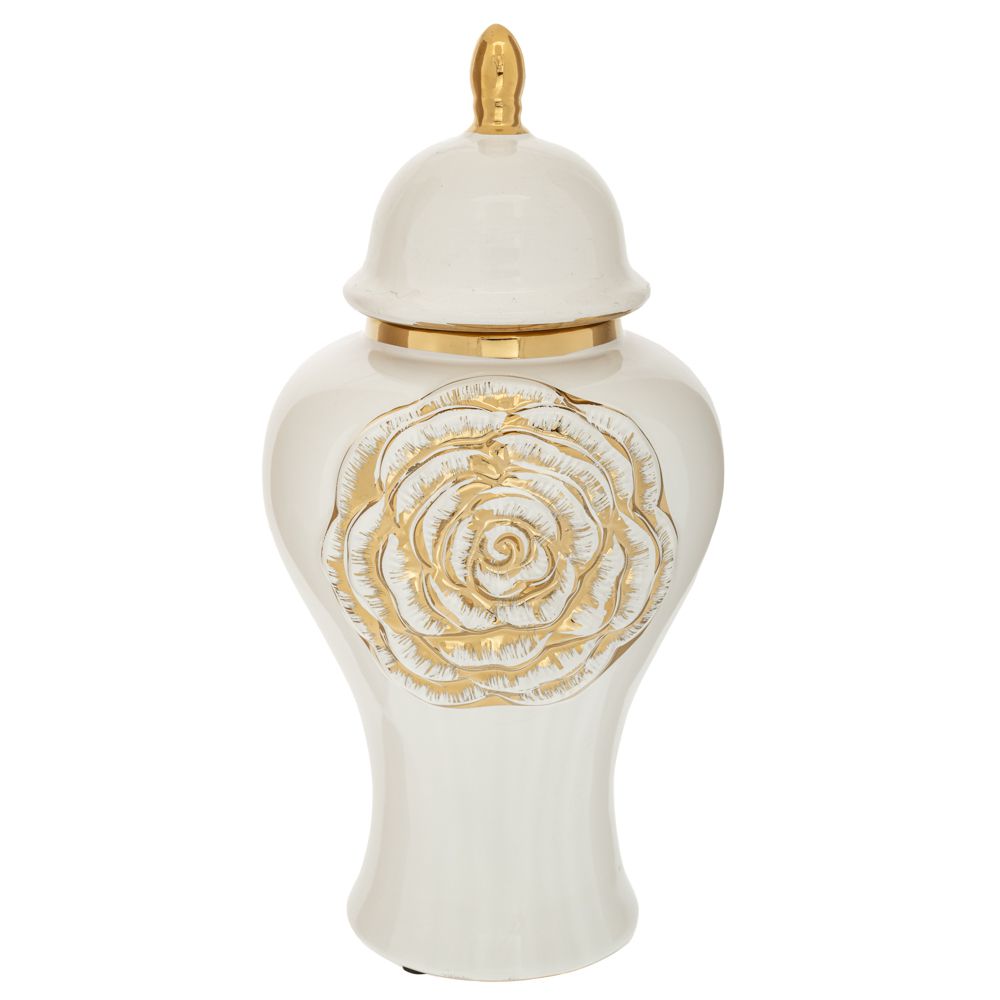 Διακοσμητικά Επιτραπέζια 24home - ΣΗΜΑΝΤΙΚΟ: Σε περίπτωση διαφοράς τιμής από το κατάστημα ισχύει παντα και μόνο η τιμή του καταστήματος Βάζο Με Καπάκι Κεραμικό Λευκό-Χρυσό Λουλούδι Φ19x40εκ.