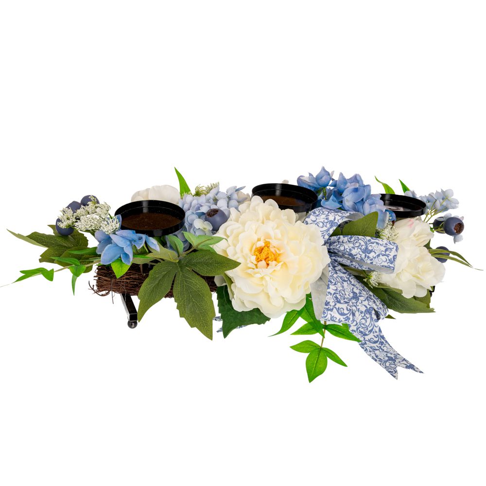 Διακοσμητικά Επιτραπέζια 24home - ΣΗΜΑΝΤΙΚΟ: Σε περίπτωση διαφοράς τιμής από το κατάστημα ισχύει παντα και μόνο η τιμή του καταστήματος Κηροπήγιο 3 Θέσεων Με Παιώνιες & Ορτανσίες 64x26x14εκ.