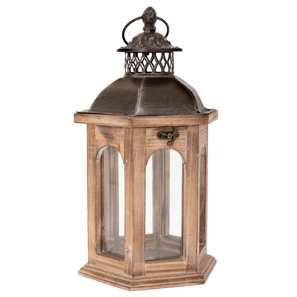 Διακοσμητικά Επιτραπέζια 24home - ΣΗΜΑΝΤΙΚΟ: Σε περίπτωση διαφοράς τιμής από το κατάστημα ισχύει παντα και μόνο η τιμή του καταστήματος Φανάρι Εξάγωνο Ξύλινο-Μεταλλικό Καφέ 19x16,5x33,5εκ. il