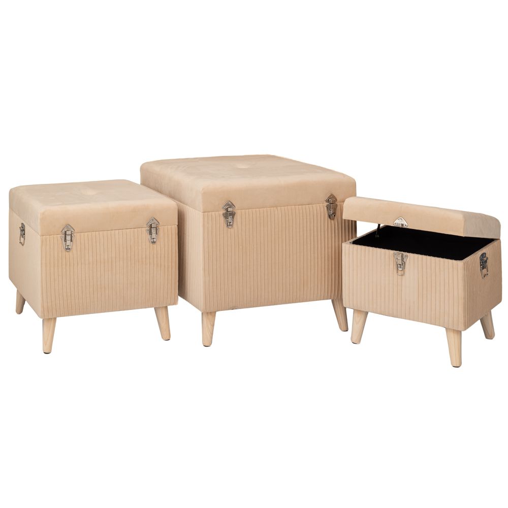 Σετ 3τμχ Σκαμπώ-Μπαούλο Κρεμ Πλισέ Με Ξύλινα Πόδια Και Ασημί Λεπτομέρειες 60x60x56εκ./50x50x36εκ./40x40εκ. iliadis 91661 (Υλικό: Ξύλο, Χρώμα: Ασημί ) - Iliadis - il_91661