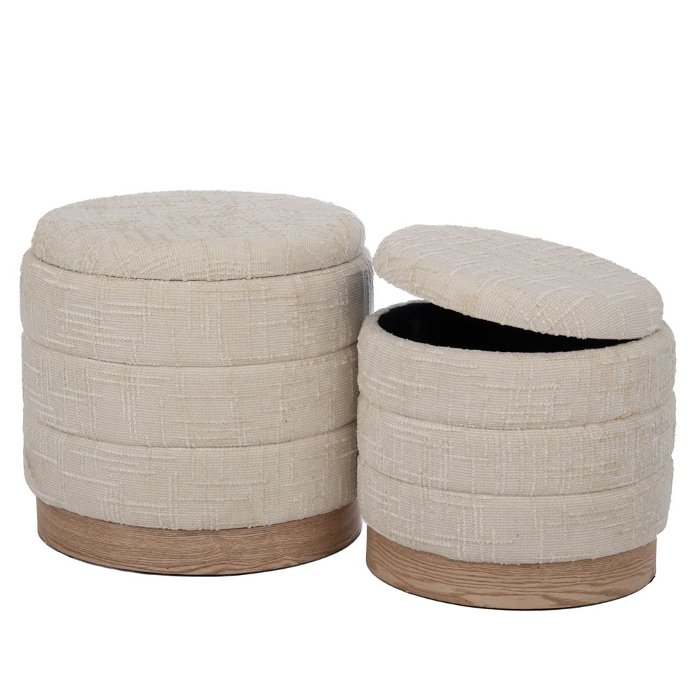 Σετ 2τμχ Σκαμπώ Υφασμάτινο-Ξύλινο Εκρού Με Αποθηκευτικό