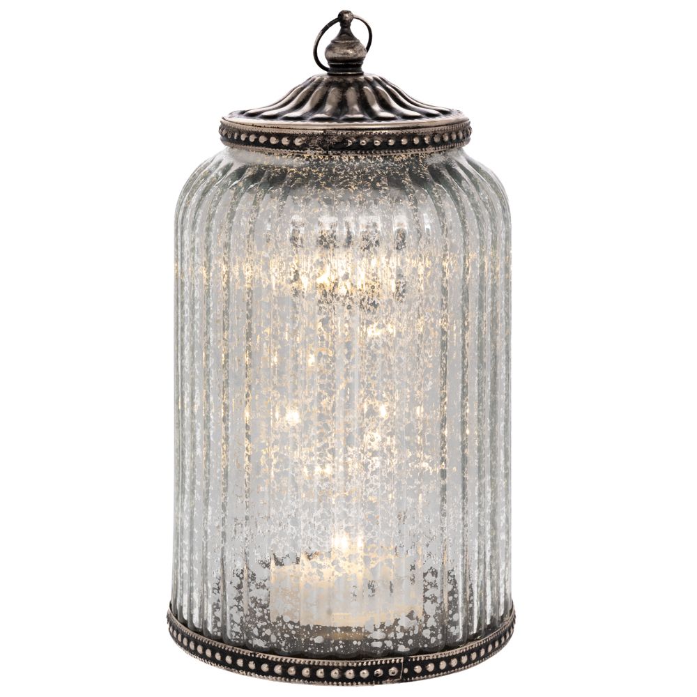 Φαναράκι Γυαλινό-Μεταλλικό Ασημί Με Led Φως 11,5x11,5x2