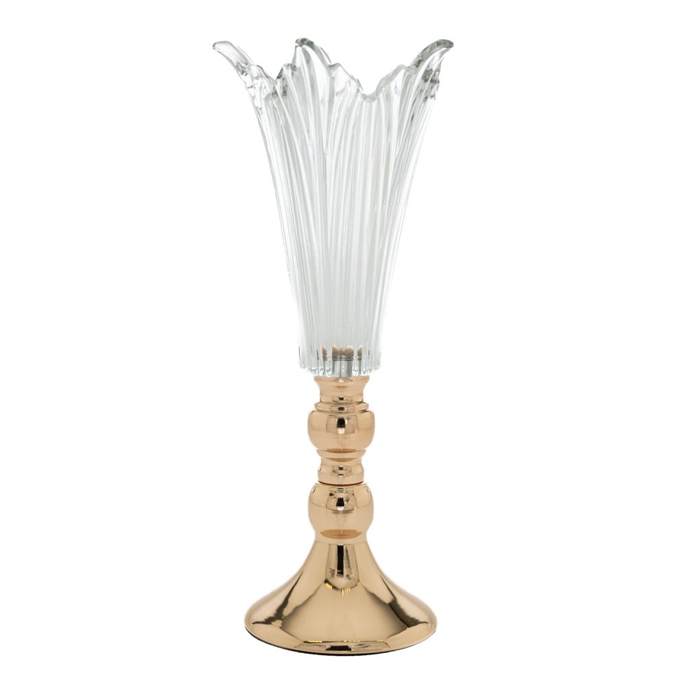 Βάζο Γυάλινο Σκαλιστό Διάφανο Με Μεταλλική Χρυσή Βάση 1