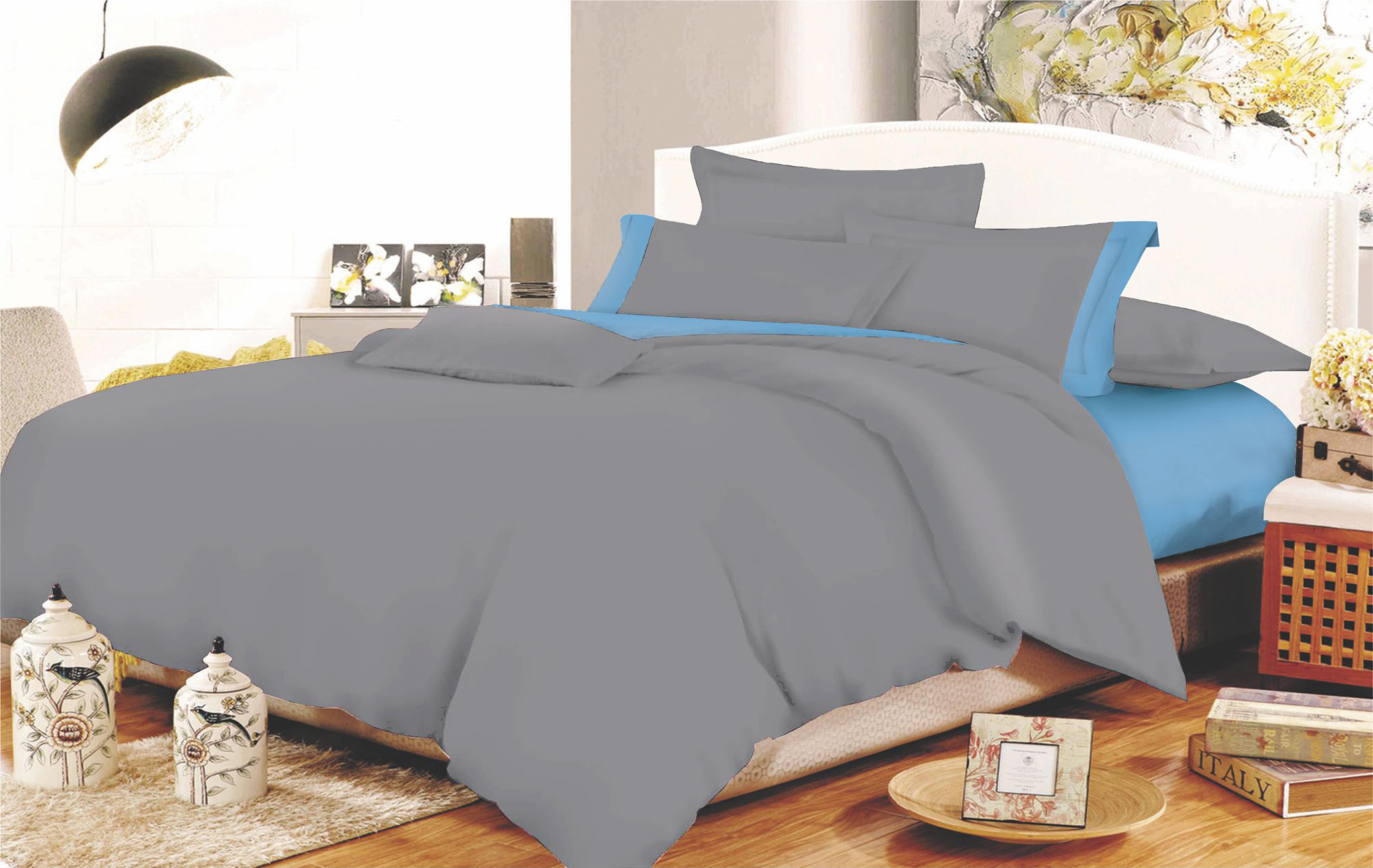Σετ Σεντόνια Φάσα Polycotton Υπέρδιπλα 220x240εκ. Grey-Sky Blue Komvos Home 7000207-29 (Τύπος κατωσέντονου: Χωρίς Λάστιχο, Ύφασμα: 50%Cotton-50%Polyester, Χρώμα: Μπλε, Μέγεθος: Υπέρδιπλα) - KOMVOS HOME - 7000207-29