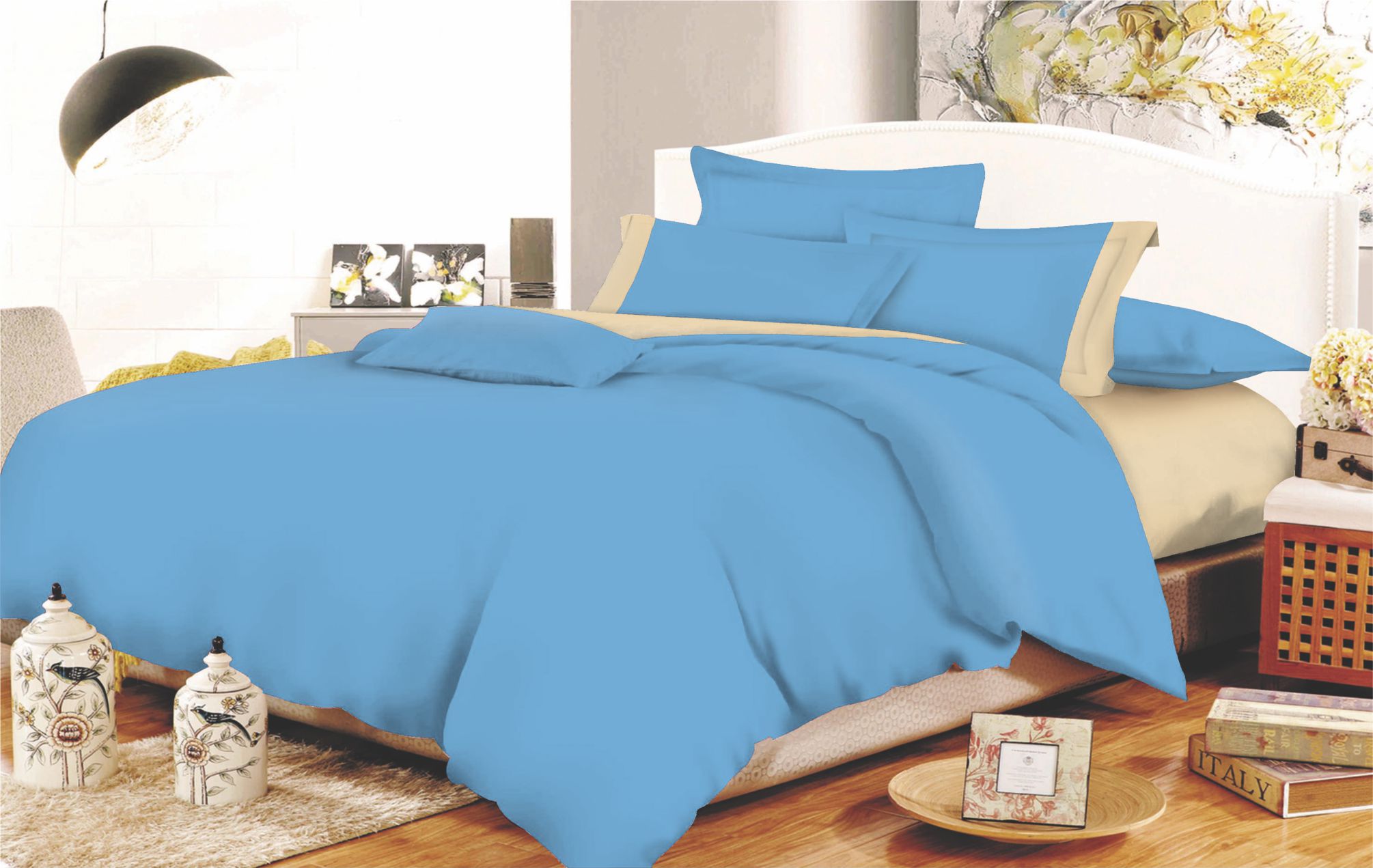 Σετ Σεντόνια Φάσα Polycotton Υπέρδιπλα 220x240εκ. Sky Blue-Beige Komvos Home 7000207-30 (Τύπος κατωσέντονου: Χωρίς Λάστιχο, Ύφασμα: 50%Cotton-50%Polyester, Χρώμα: Μπλε, Μέγεθος: Υπέρδιπλα) - KOMVOS HOME - 7000207-30
