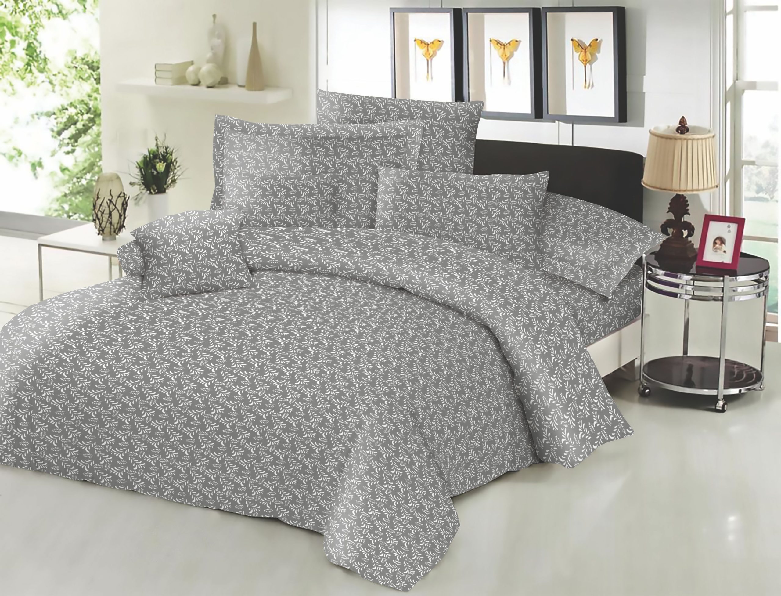 KOMVOS HOME Σεντόνι Μεμονωμένο Εμπριμέ Polycotton Διπλό Με Λάστιχο 150x200+22εκ. Fern Grey Komvos Home 7002188-52F (Τύπος κατωσέντονου: Με Λάστιχο, Ύφασμα: 50% Cotton-50% Polyester, Χρώμα: Γκρι, Μέγεθος: Διπλά) - KOMVOS HOME - 7002188-52F