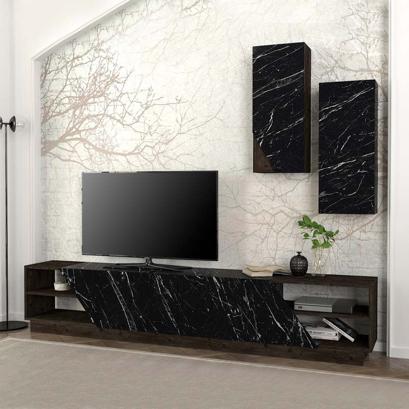 Σύνθεση τηλεόρασης River Megapap από μελαμίνη χρώμα μαύρο rebab – μαύρο εφέ μαρμάρου 240×36,6×47εκ. – MegaPap – 0228135