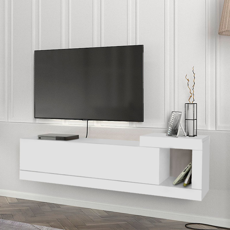 Έπιπλο τηλεόρασης επιτοίχιο Volare Megapap από μελαμίνη χρώμα λευκό 150×29,6×38,6εκ. – MegaPap – 0228150