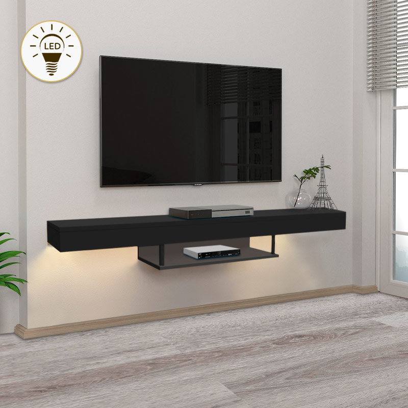 Έπιπλο τηλεόρασης επιτοίχιο Albares Megapap από μελαμίνη με LED χρώμα μαύρο 150×29,6×22εκ. – MegaPap – 0228147
