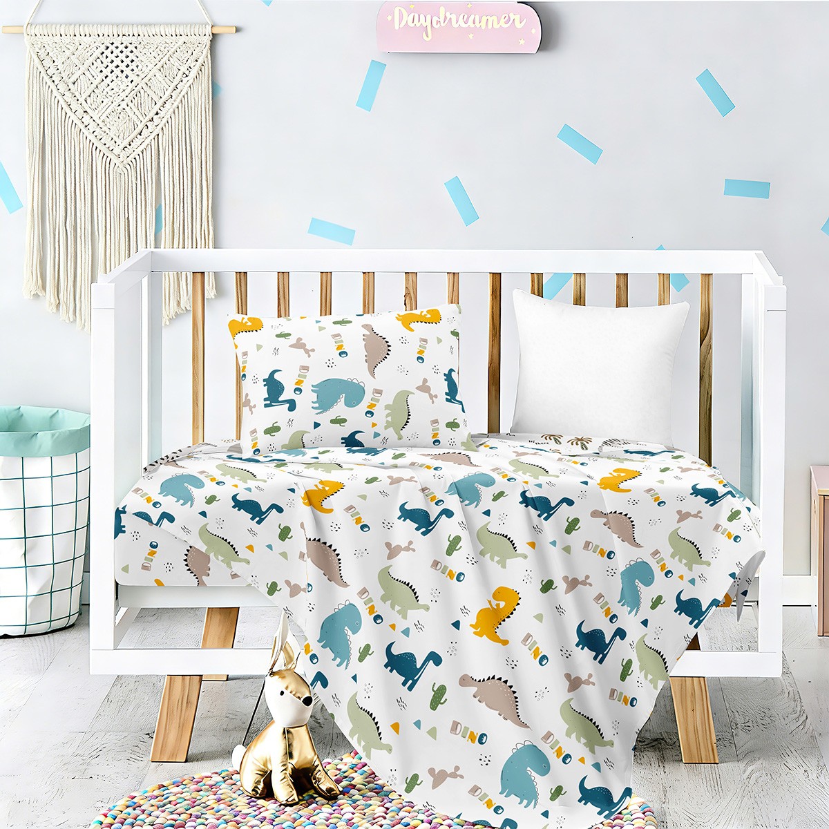 Σετ Σεντόνια Βαμβακοσατέν Κούνιας 120x170εκ. Dino Prime Baby Line Melinen 20005683 (Ύφασμα: Βαμβακοσατέν, Τύπος κατωσέντονου: Χωρίς Λάστιχο, Μέγεθος: Σετ) - MELINEN - 20005683