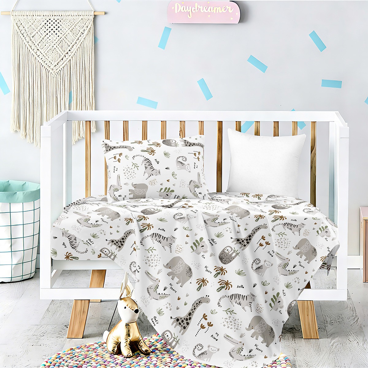 Σετ Σεντόνια Βαμβακοσατέν Κούνιας Με Λάστιχο 70x140+17εκ. Jungle Prime Baby Line Melinen 20005691 (Ύφασμα: Βαμβακοσατέν, Τύπος κατωσέντονου: Με Λάστιχο, Μέγεθος: Σετ) - MELINEN - 20005691