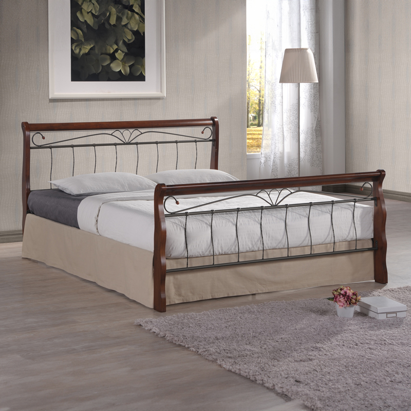 PAKO WORLD Κρεβάτι διπλό Verpen pakoworld καρυδί rubberwood-μαύρο μέταλλο 150x190εκ - PAKO WORLD - 330-000011