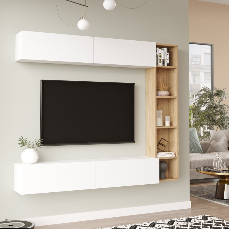 Σύνθετο σαλονιού Compo επιτοίχιο pakoworld σε oak-λευκό