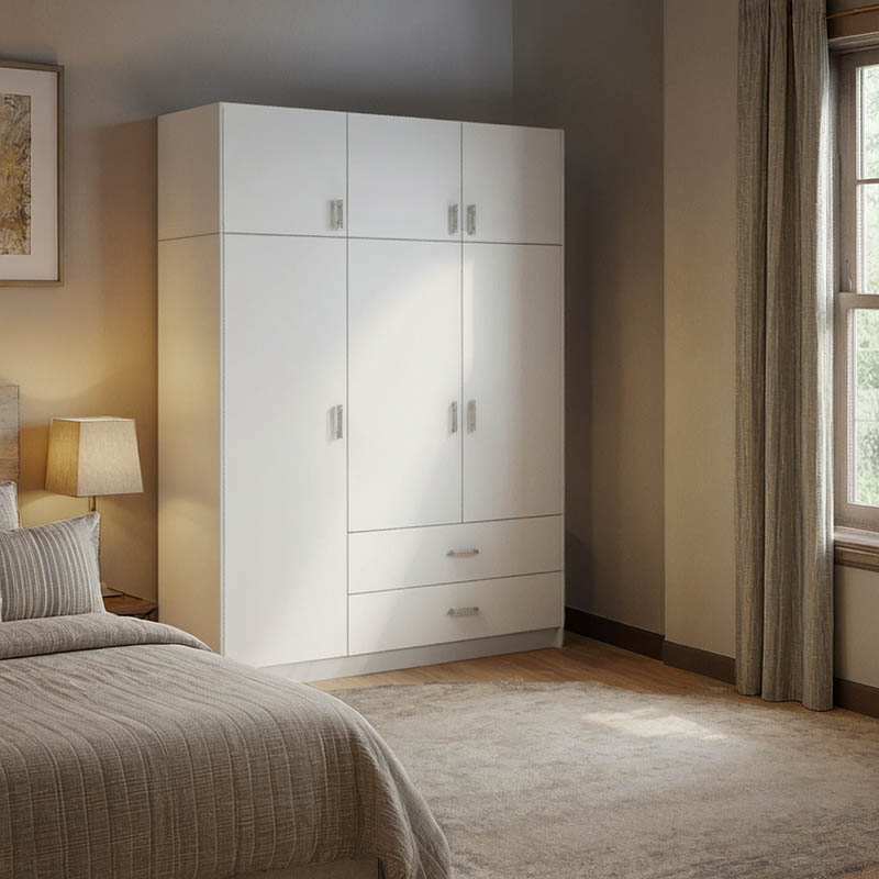 PAKO WORLD Ντουλάπα τρίφυλλη Royal pakoworld με συρτάρια και πατάρι λευκό 150x58x230εκ - PAKO WORLD - 361-000125