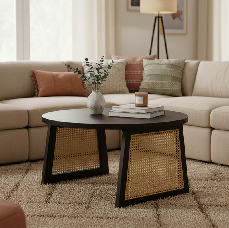 Τραπέζι Tamarind pakoworld ξύλο mango-φυσικό rattan σε μαύρη απόχρωση Φ65x40εκ - PAKO WORLD - 376-000006