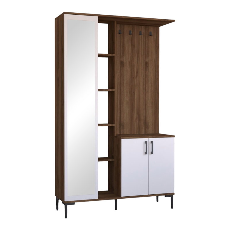 Έπιπλο εισόδου Melena pakoworld με καθρέπτη-κρεμάστρα λευκό-καρυδί 120x37.5x199εκ - PAKO WORLD - 120-000626