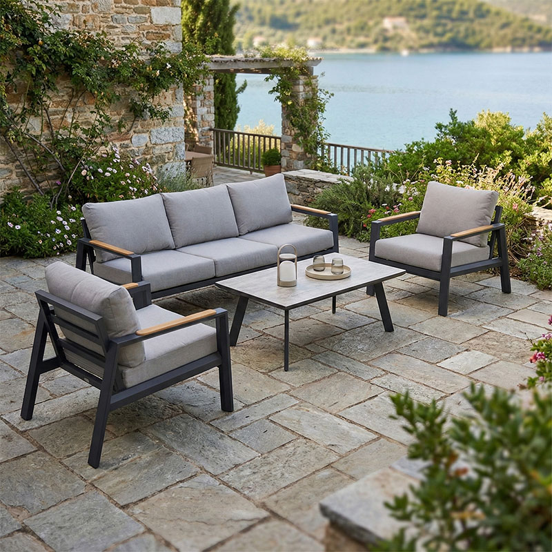 PAKO WORLD Σαλόνι κήπου Aeria pakoworld 4τεμ αλουμίνιο σε ανθρακί απόχρωση - teak - ύφασμα γκρι - PAKO WORLD - 402-000002