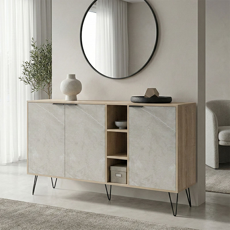 Μπουφές Balain pakoworld sonoma-γκρι μπεζ όψη μαρμάρου 142x35.5x83εκ - PAKO WORLD - 230-000163