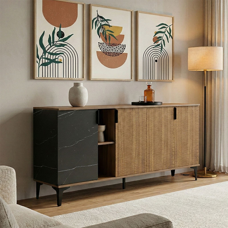 Μπουφές Riba pakoworld καρυδί-μαύρη όψη μαρμάρου 180x40x78εκ - PAKO WORLD - 230-000179