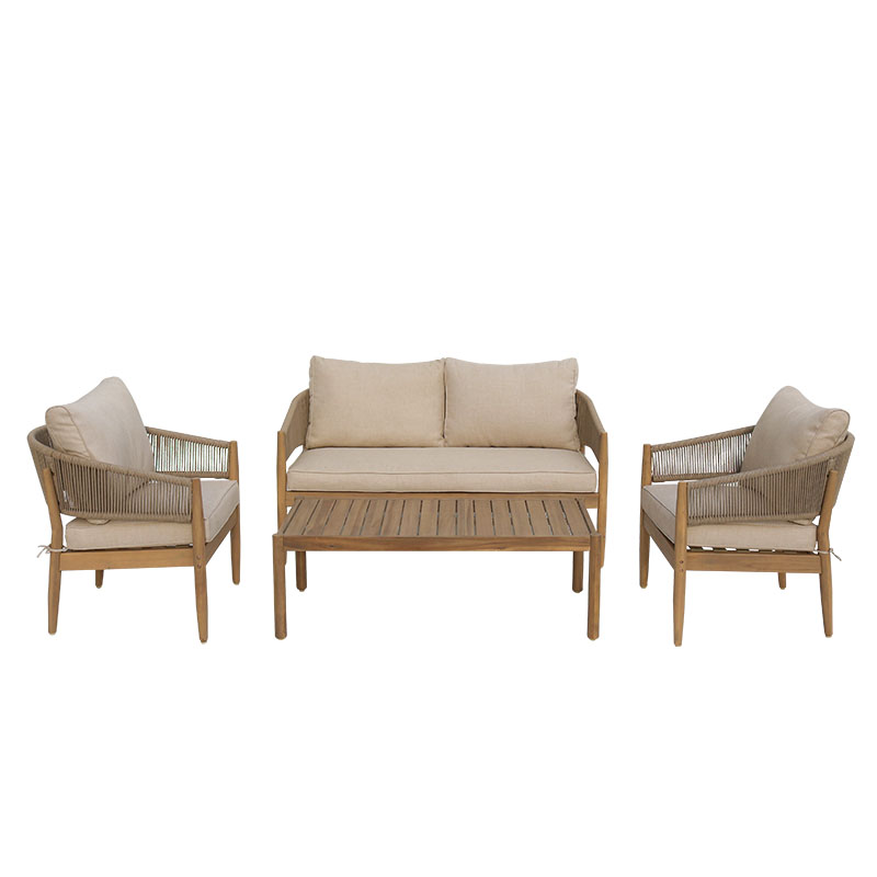 Σαλόνι εξωτερικού χώρου Lemanda pakoworld μασίφ ξύλο ακακίας με σχοινί και μπεζ μαξιλάρια - PAKO WORLD - 405-000001