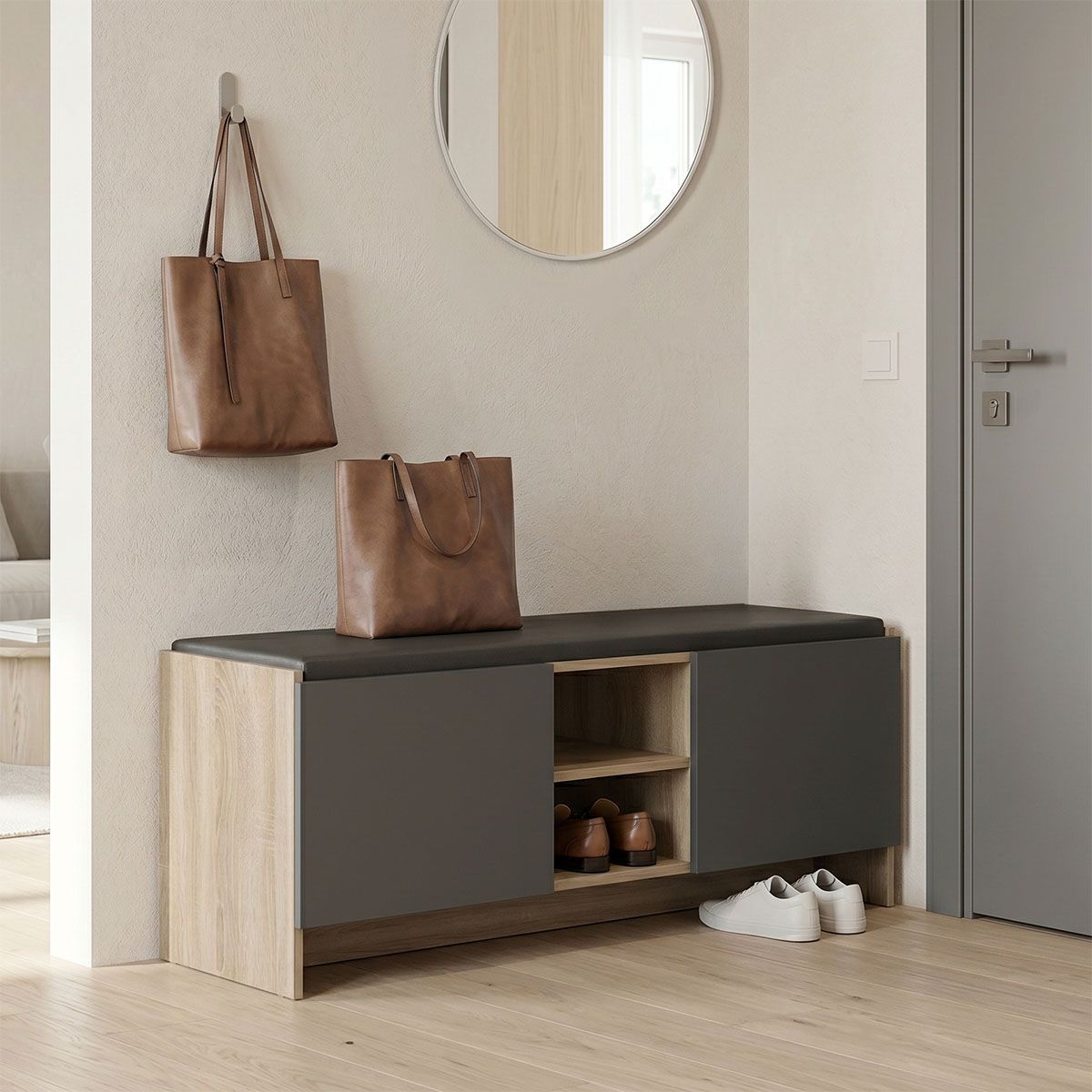 Έπιπλο εισόδου σκαμπό-παπουτσοθήκη Zulla pakoworld 10 ζεύγων sonoma- ανθρακί 110x37x43εκ - PAKO WORLD - 230-000241