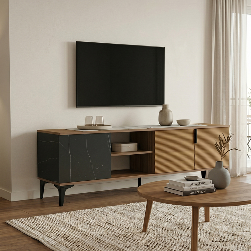 Έπιπλα σαλονιού 24home - ΣΗΜΑΝΤΙΚΟ: Σε περίπτωση διαφοράς τιμής από το κατάστημα ισχύει παντα και μόνο η τιμή του καταστήματος Έπιπλο τηλεόρασης Riba pakoworld καρυδί-μαύρη όψη μαρμά
