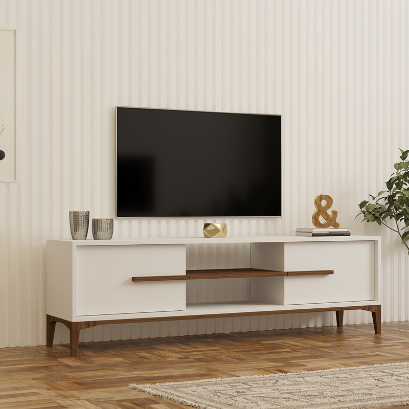 Έπιπλο τηλεόρασης Eslem pakoworld λευκό με καρυδί 160x34,6x48,1εκ - PAKO WORLD - 120-000674