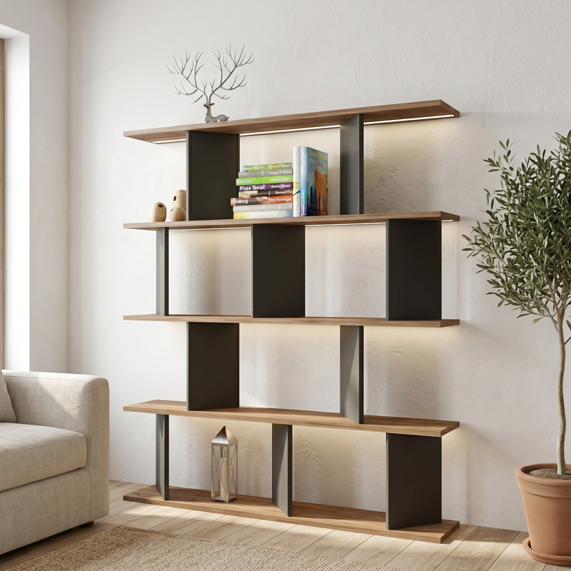 Βιβλιοθήκη Ratu pakoworld ανθρακί με oak 120x24,6x141εκ - PAKO WORLD - 120-000677